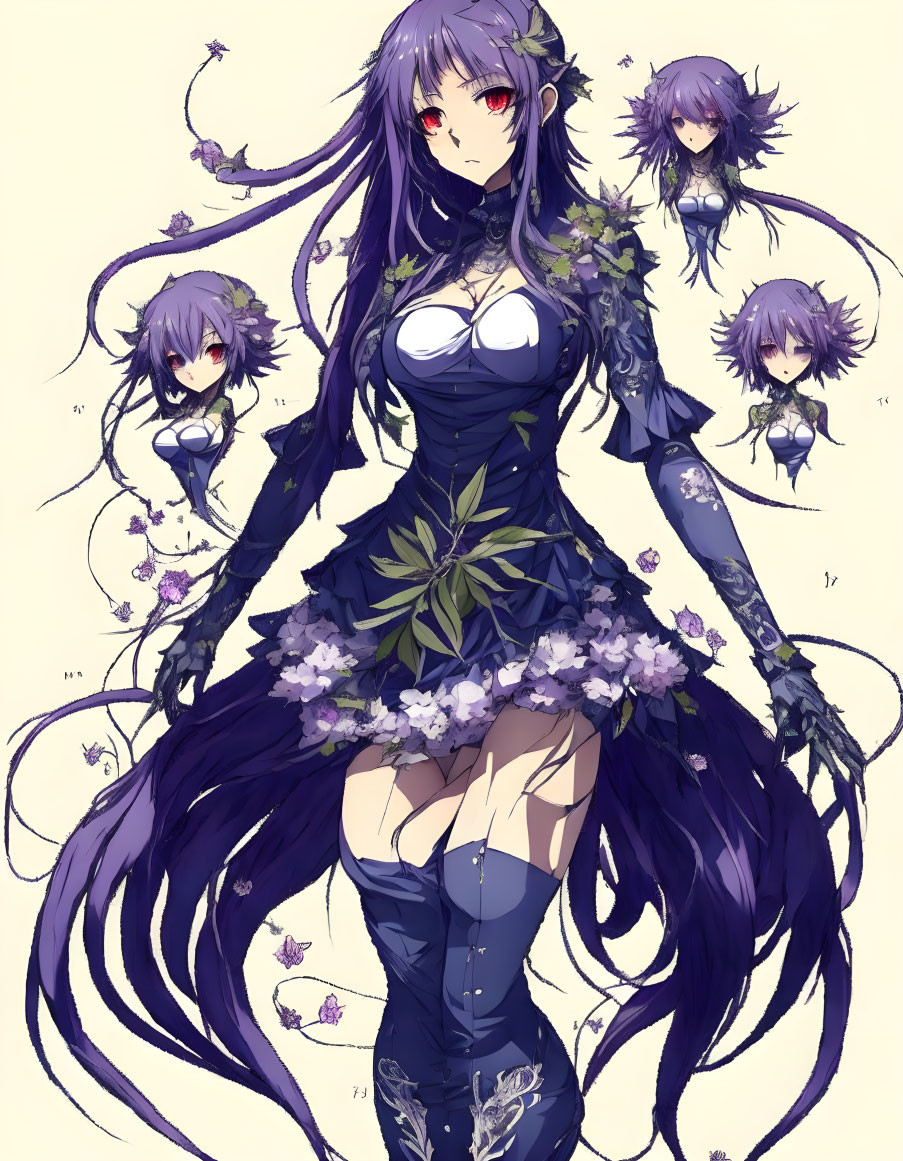 Animated character with long purple hair and red eyes in dark floral dress with floating duplicates