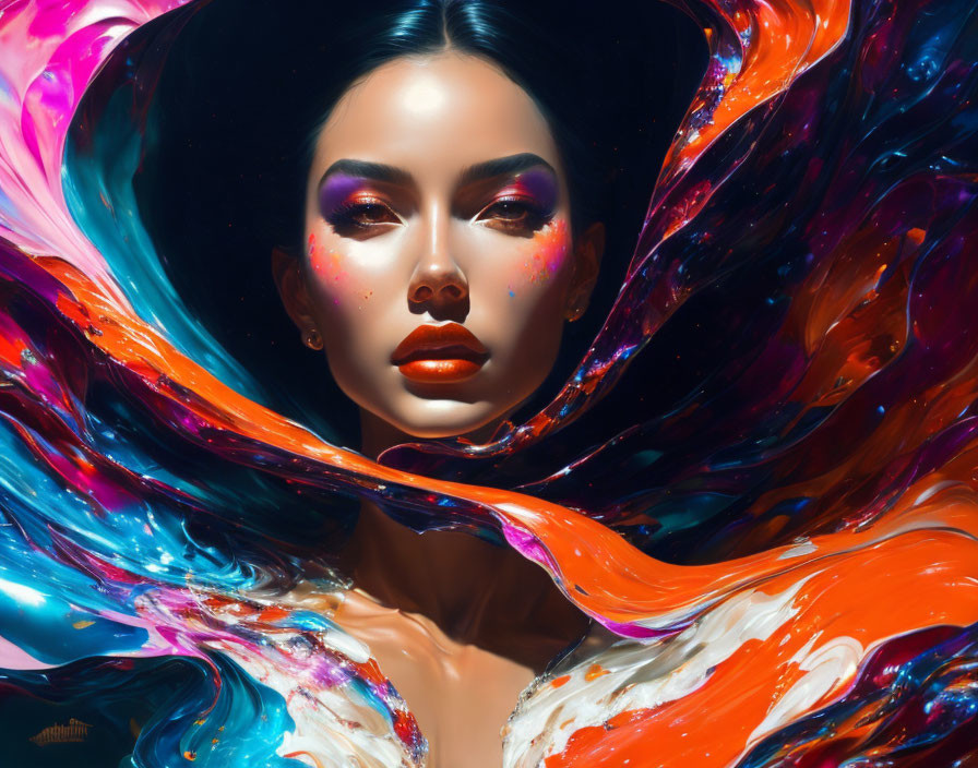 Colorful abstract design surrounds woman with bold makeup