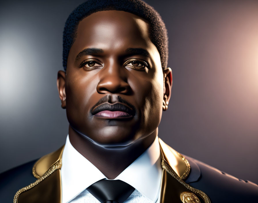 Confident man with dark skin in formal jacket against gradient background