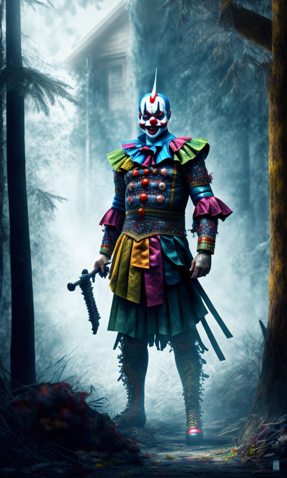 Colorful Clown with Sword in Foggy Forest Setting