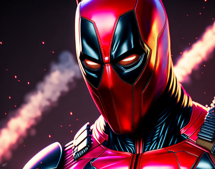 Red and Black Masked Superhero in Textured Suit on Vivid Smoky Background