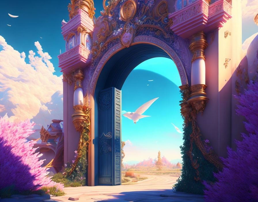 Golden archway with blue door leading to vibrant fantasy landscape with pink foliage and white bird flying in blue