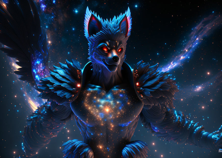 Star-Filled Fur Cosmic Fox with Glowing Eyes and Wings in Starry Space