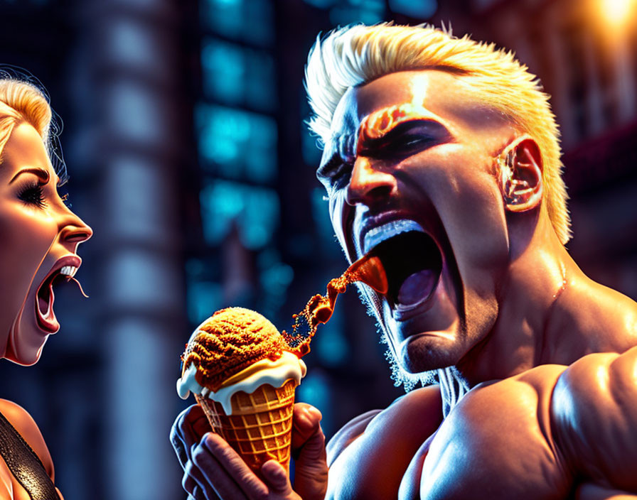 Exaggerated Screaming Animated Characters with Ice Cream Cone against City Backdrop