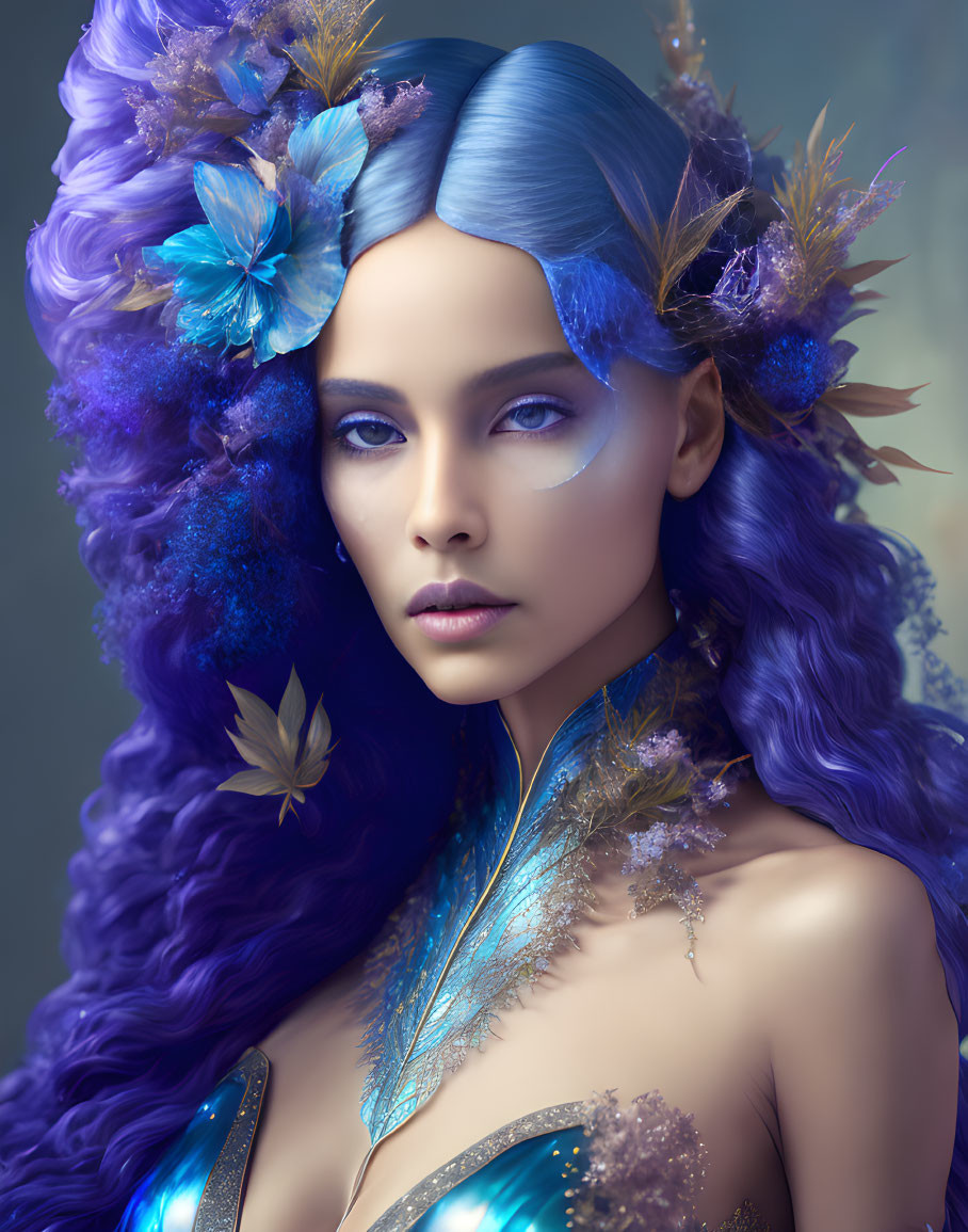 Woman with Blue and Purple Hair in Fantasy Costume with Flowers and Leaves