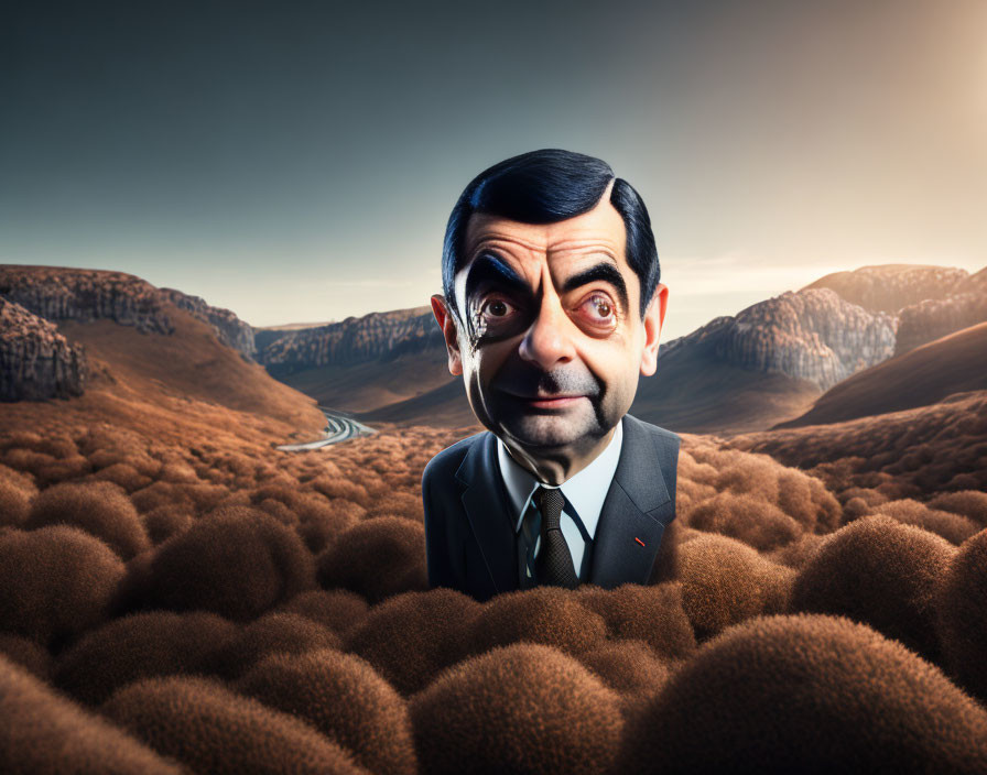 Exaggerated head man in suit in surreal landscape