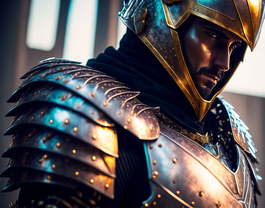 Detailed Close-Up of Person in Ornate Medieval Armor with Helmet Visor and Metal Pauldrons