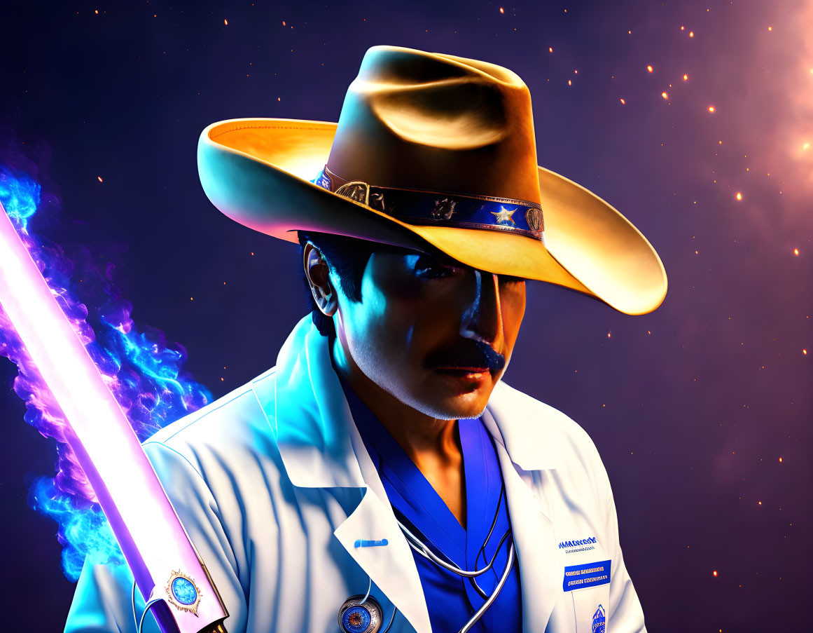 Figure in Lab Coat and Cowboy Hat with Glowing Purple Sword on Cosmic Background