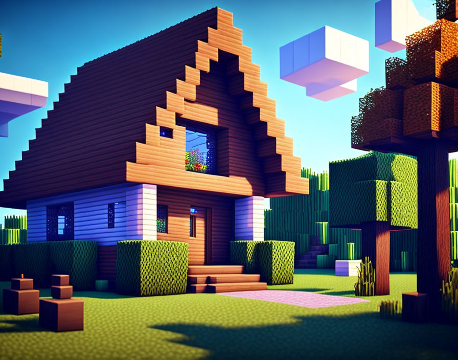 Stylized 3D image: Blocky wooden house in pixelated landscape