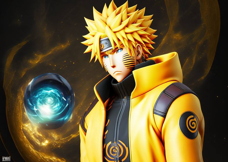 Spiky Blonde-Haired Animated Character in Ninja Attire with Energy Ball