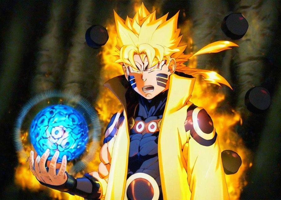 Animated character with spiky blonde hair holding a blue energy ball amid glowing yellow aura and dark orbs