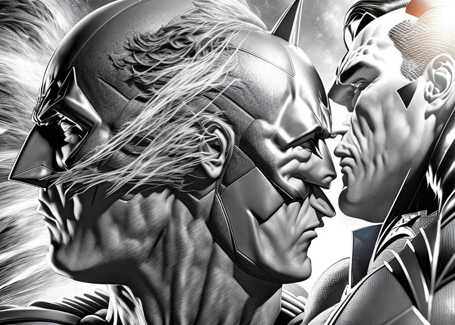 Comic book superheroes in black and white artwork facing each other