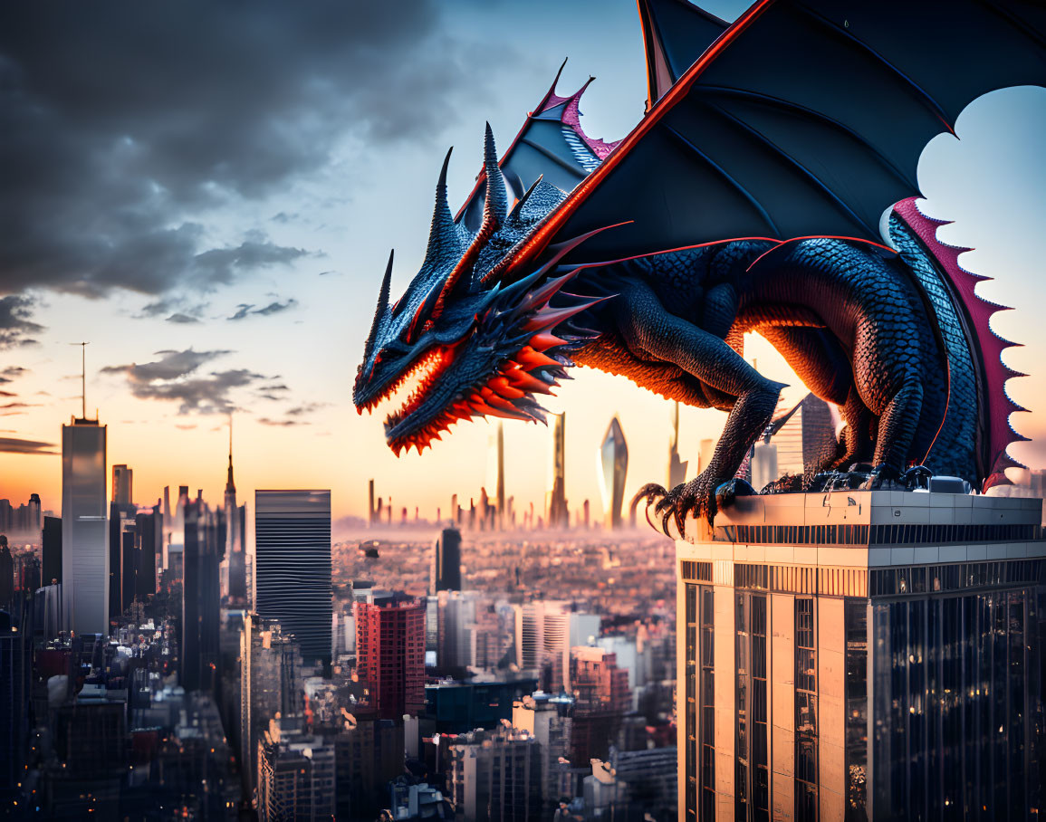 Majestic dragon on skyscraper with city skyline at sunset