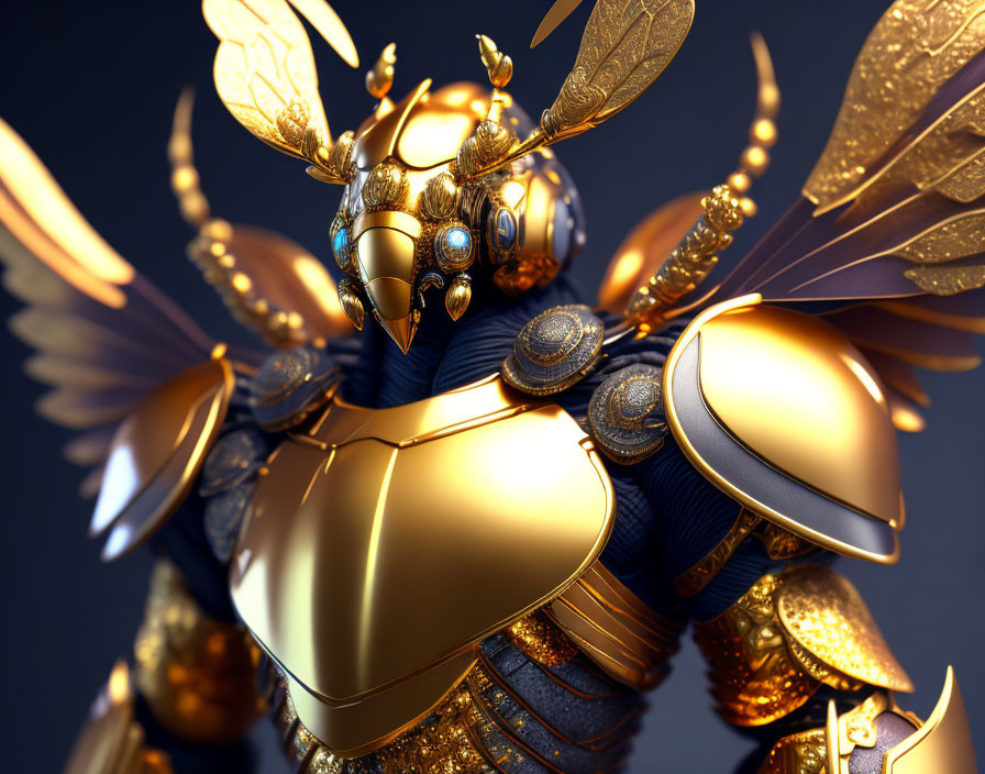 Detailed 3D illustration of robotic bee with golden and blue armor