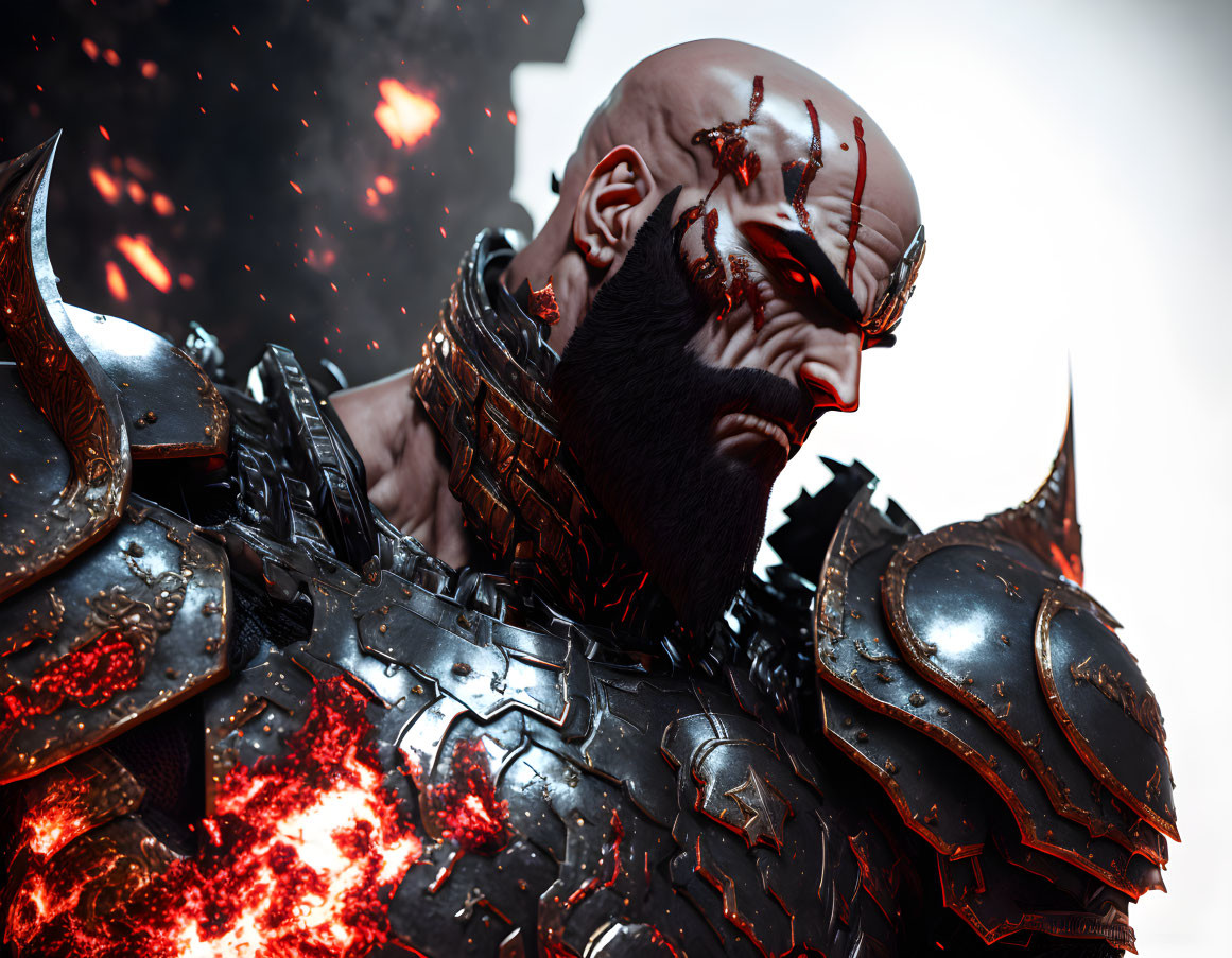 Bald, bearded warrior in dark armor with glowing embers