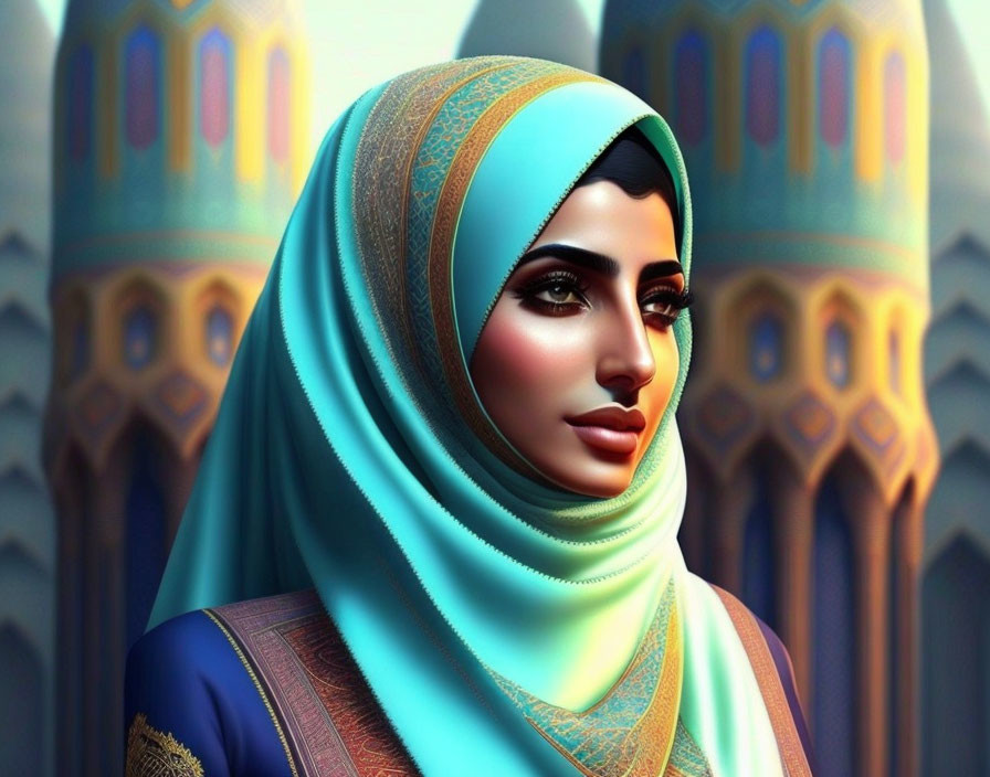 Digital illustration: Woman in hijab with mosque arches.