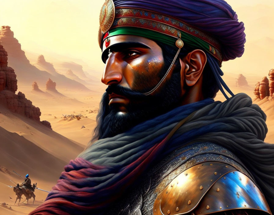 Illustrated warrior in turban and armor gazes into desert with camel riders