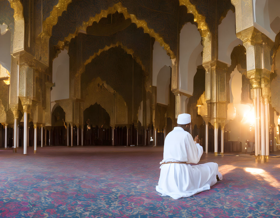 Traditional Attired Man Praying in Ornate Mosque