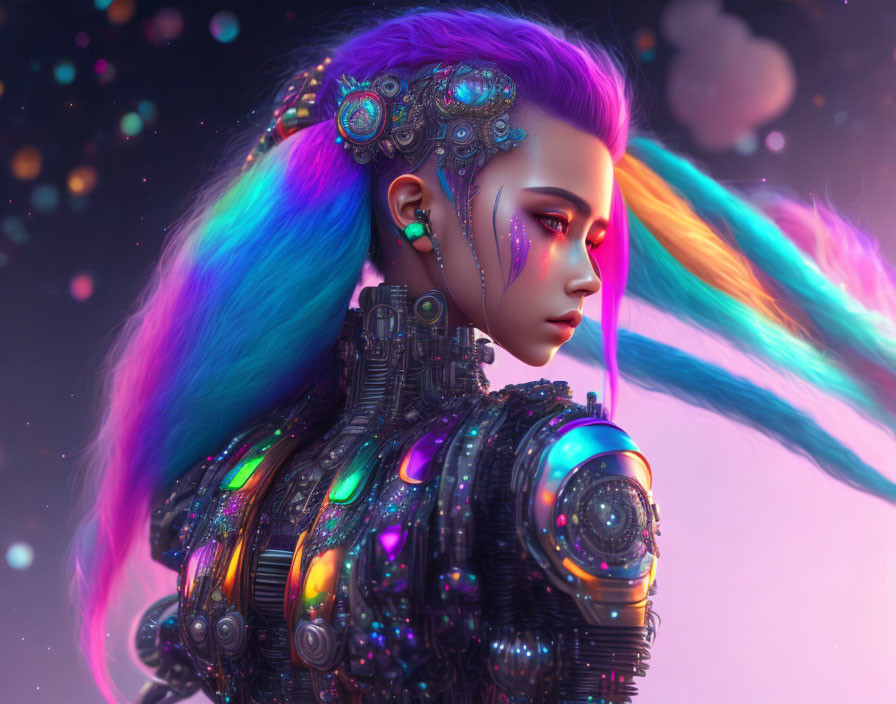 Cyberpunk-inspired female with robotic body and colorful hair in cosmic setting