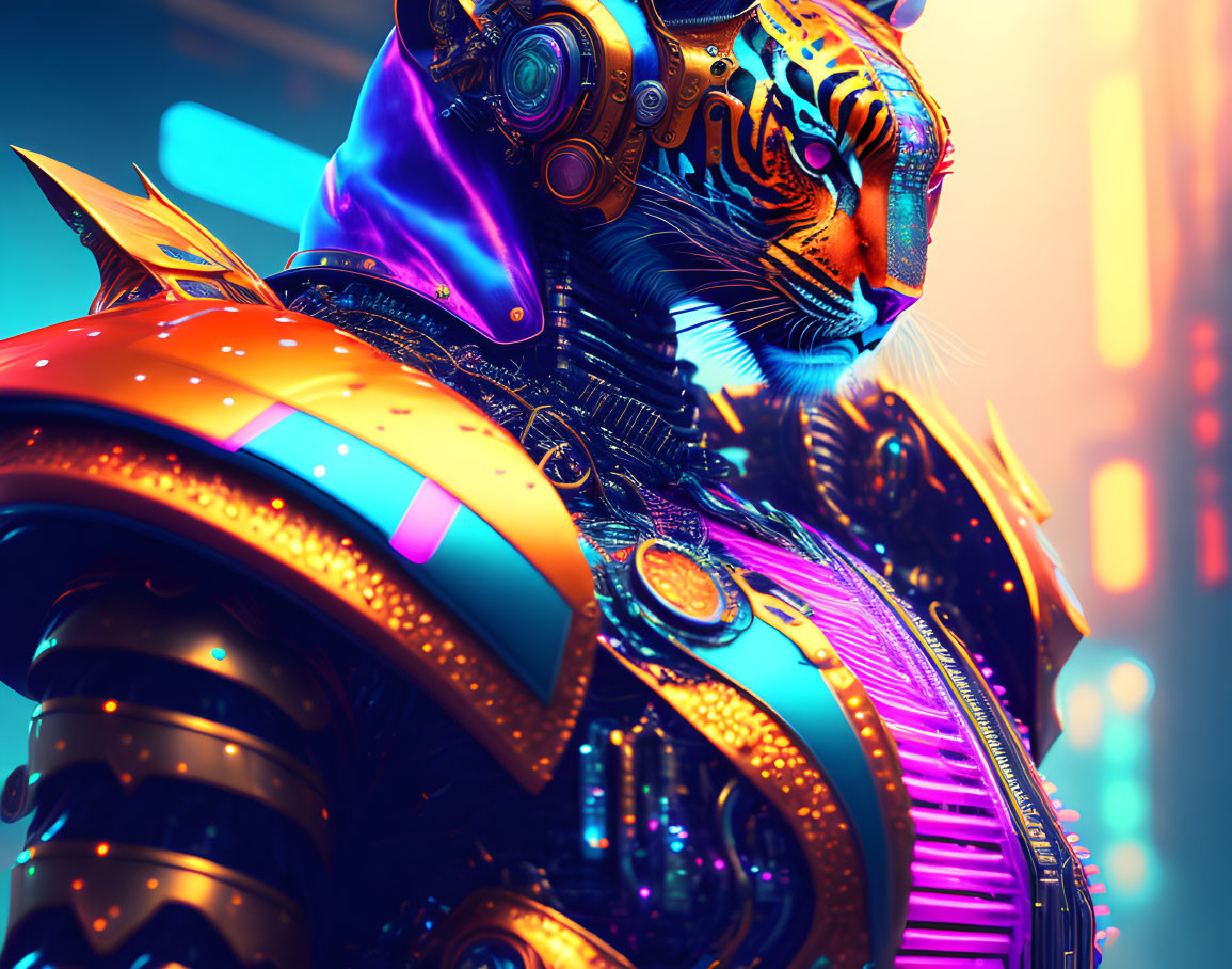 Colorful Robotic Tiger in Neon-lit Futuristic Setting