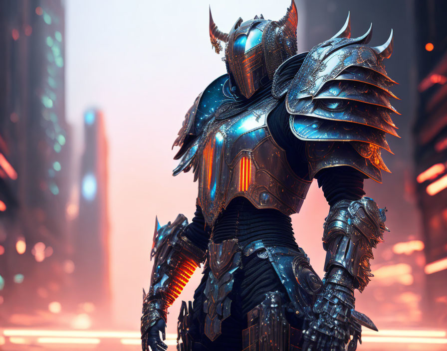 Futuristic knight in elaborate armor in neon-lit cyberpunk cityscape