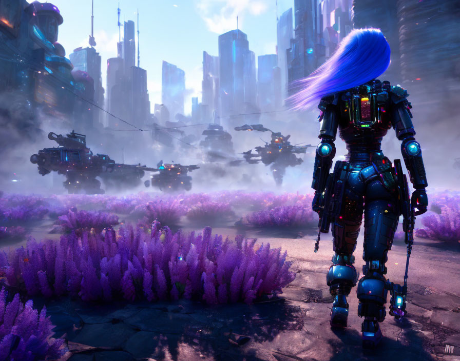 Futuristic female robot with blue hair in misty cityscape