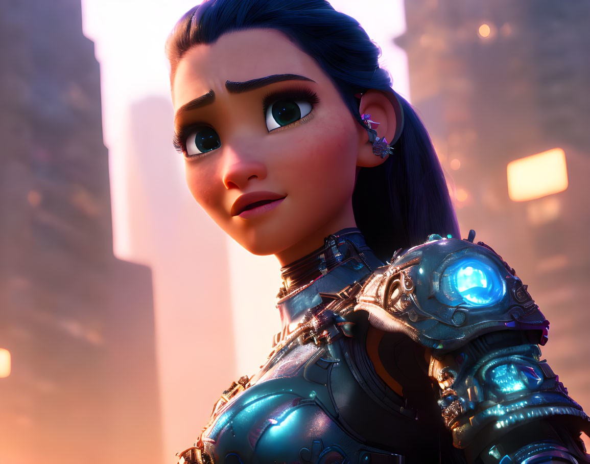 Blue-eyed female character in futuristic armor against urban backdrop