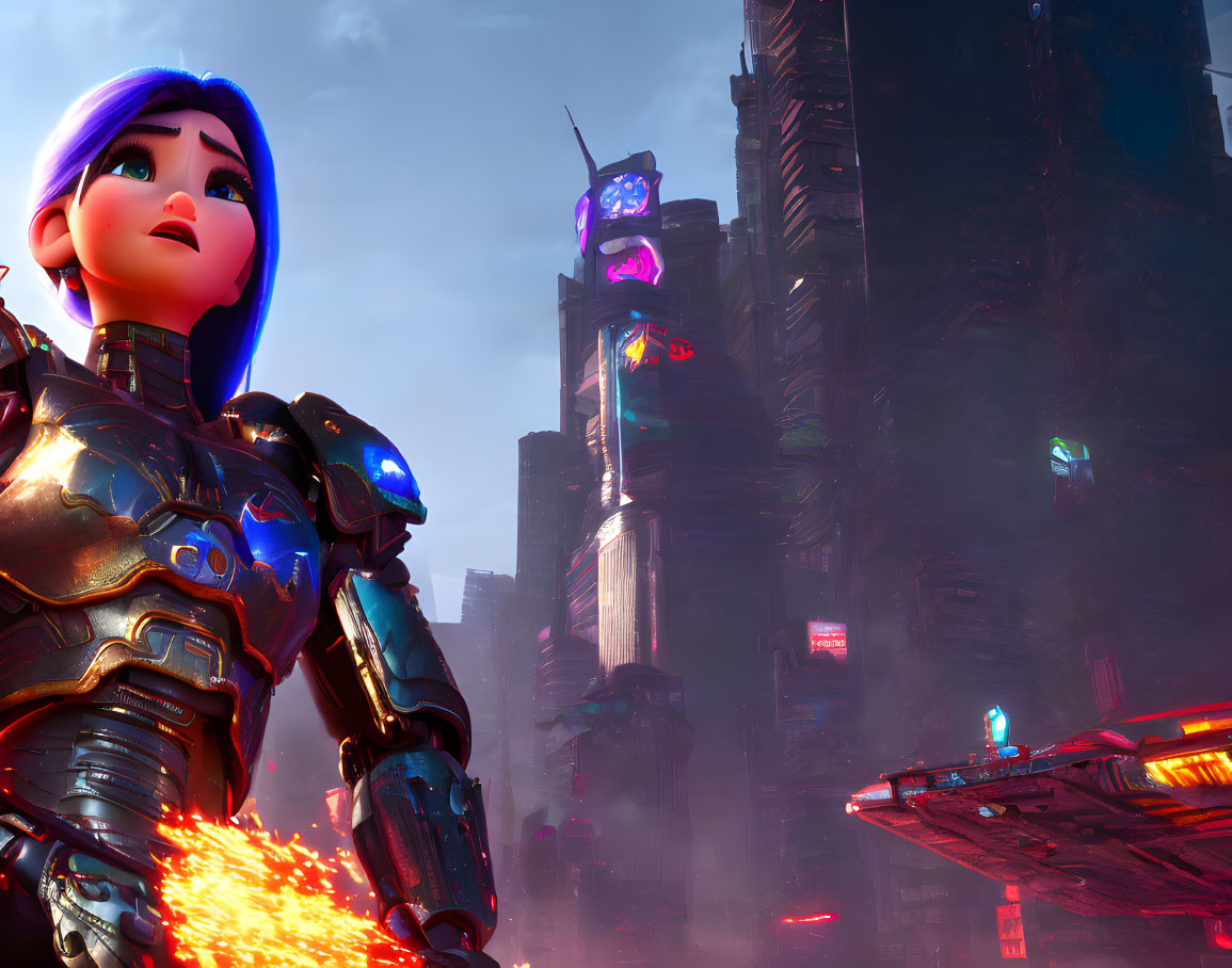 Futuristic female character in armor with neon-lit skyscrapers & flying vehicles