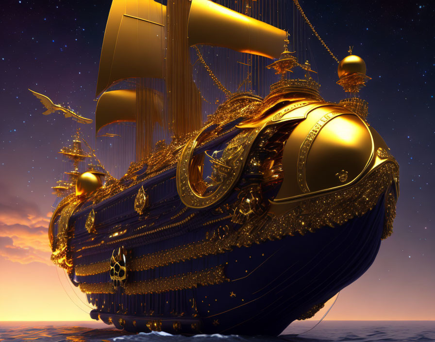 Golden ship with elaborate ornaments sailing under twilight sky on serene ocean