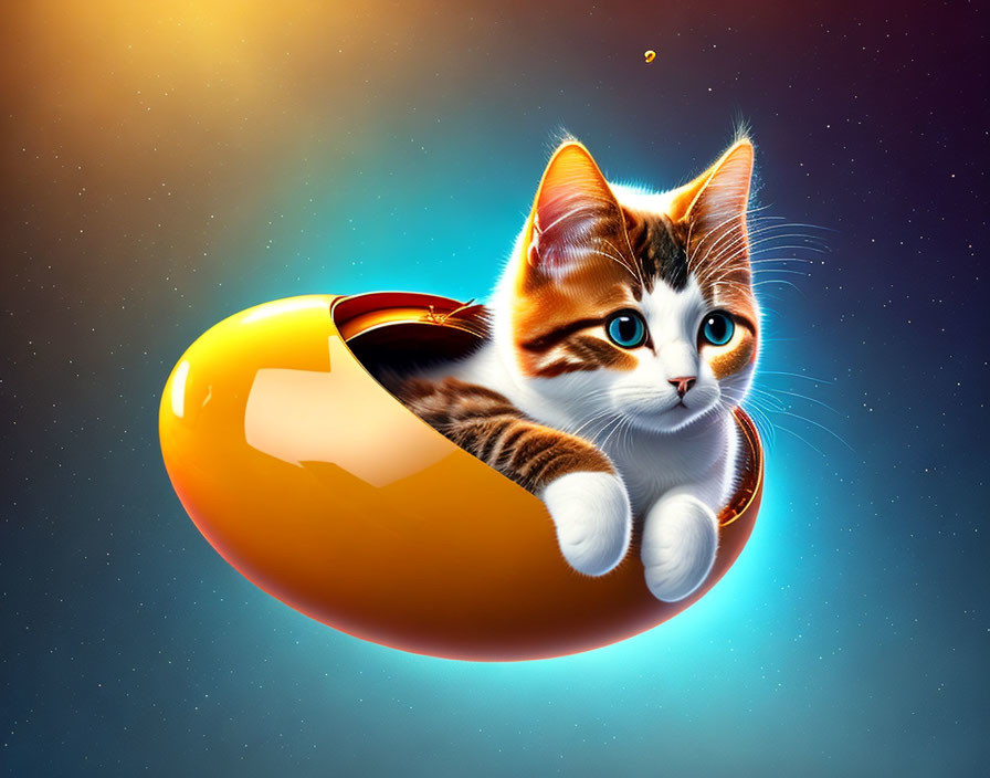 Tabby kitten floating in space in orange hover pod