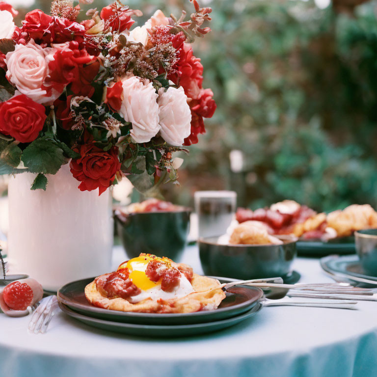 Tranquil garden breakfast scene with red and white roses, eggs, and pastries