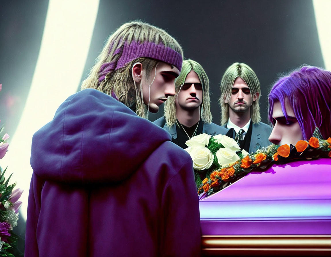 Digital illustration: Four individuals with unique haircuts around a purple coffin with flowers