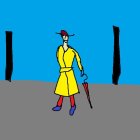 Woman in Yellow Coat and Red Beret in Urban Setting Against Blue Sky