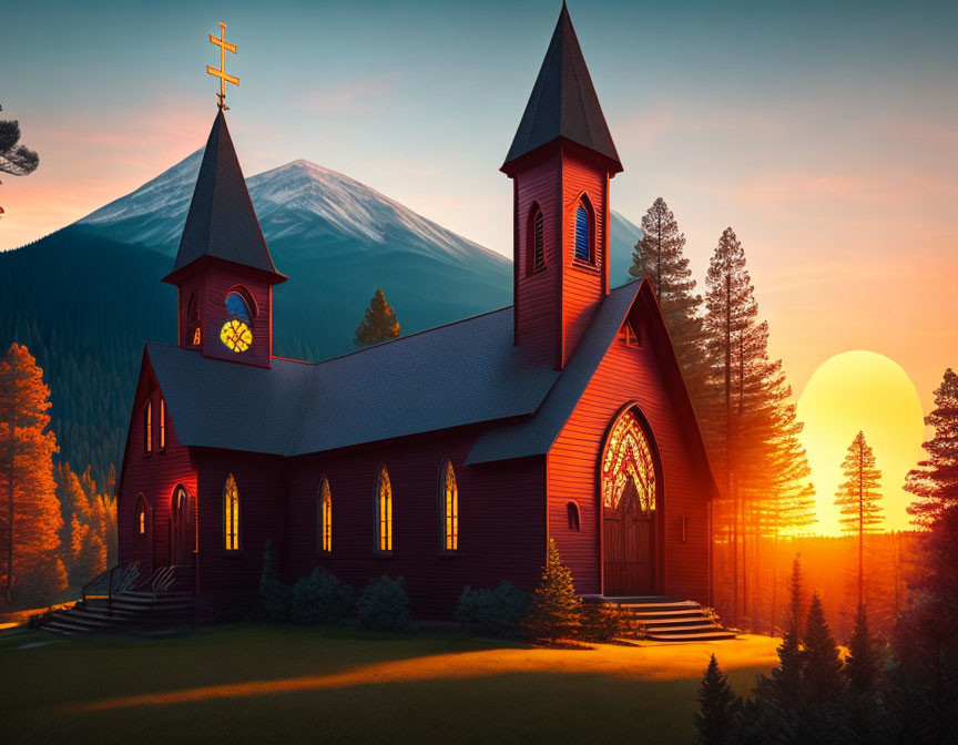 Red Wooden Church with Steeples in Mountain Sunset