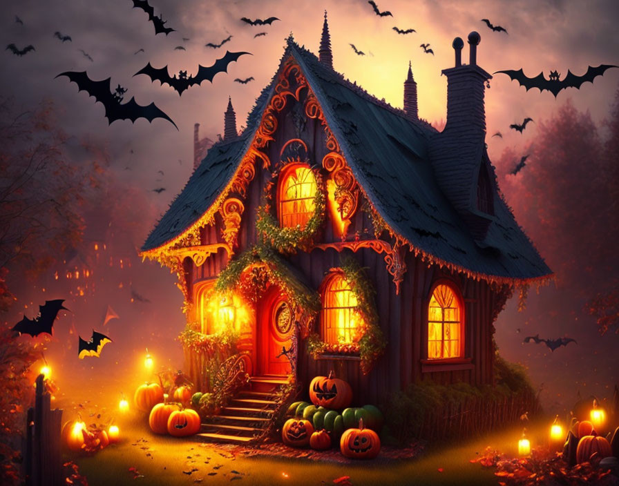 Whimsical Halloween-themed illustration with pumpkins, candles, bats, and twilight sky