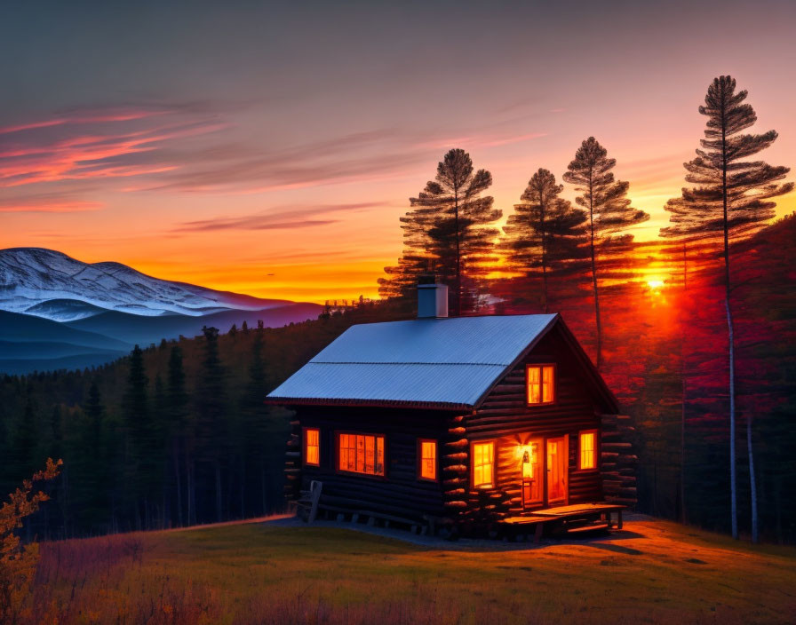 Cozy wooden cabin in forest at sunset with snowy mountains