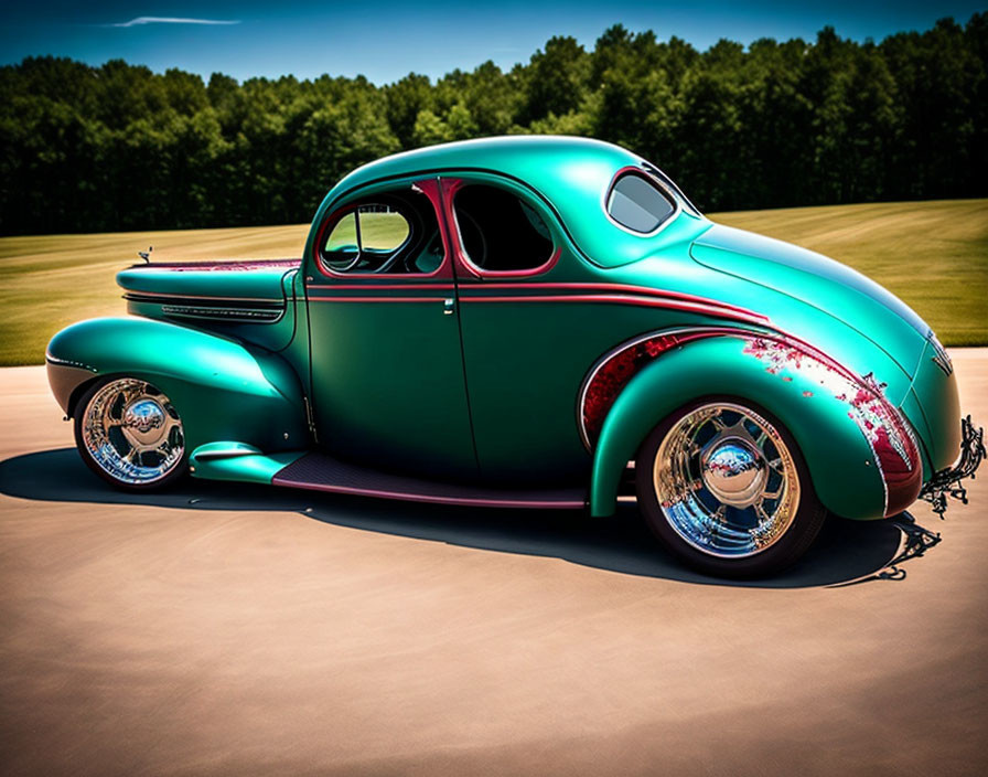 Shiny teal and purple custom car with red pinstriping parked on road amid green trees