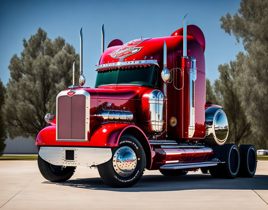 Red classic Peterbilt semi-truck with chrome detailing on tarmac under clear skies