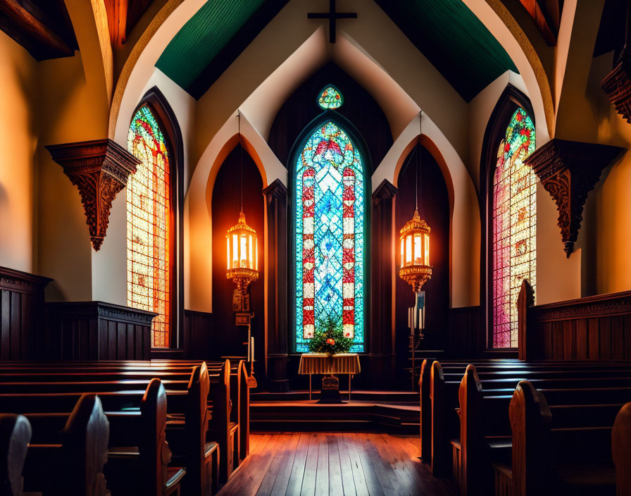 Church interior with wooden pews, stained glass windows, lanterns, and central cross