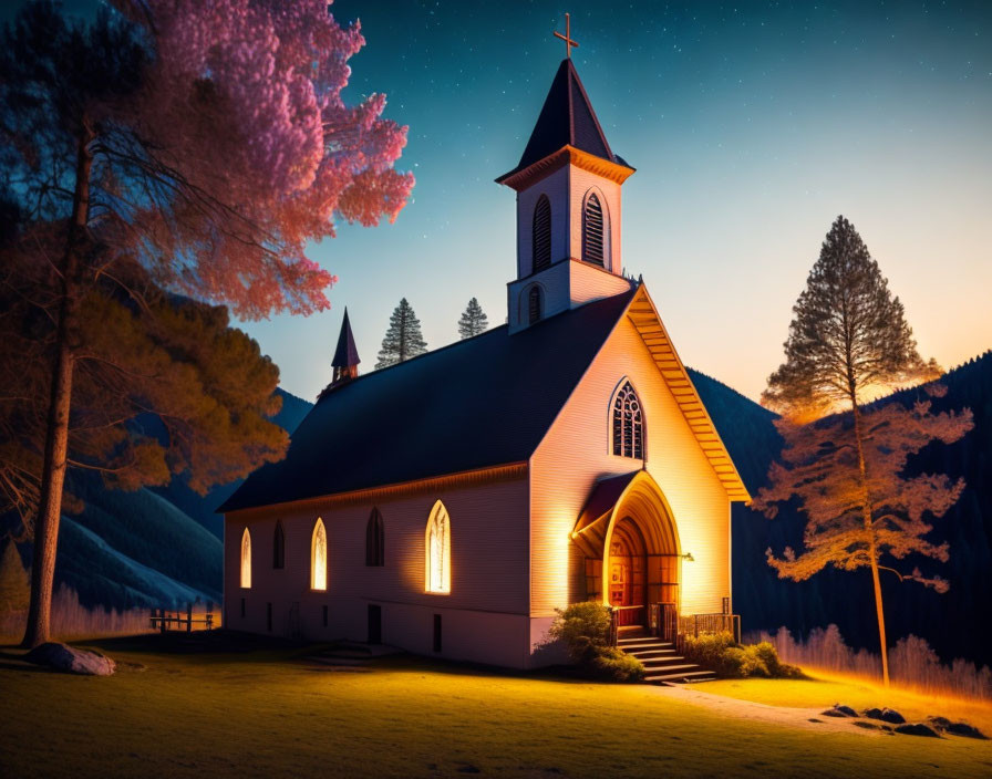 Nighttime church with illuminated interior and starry sky backdrop