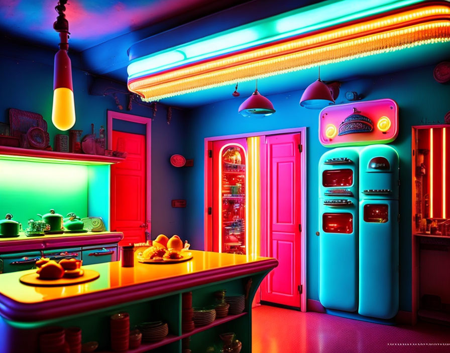 Colorful 1950s Americana Retro Diner with Neon Lights