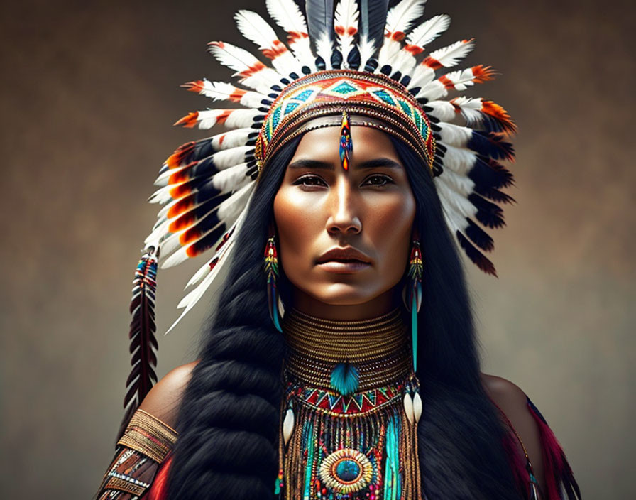 Long dark hair person in Native American headdress with feathers, beading, face paint