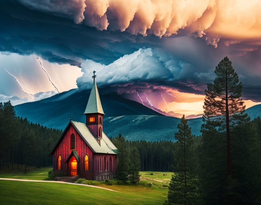 Red Church with Lit Windows in Dramatic Mountain Landscape