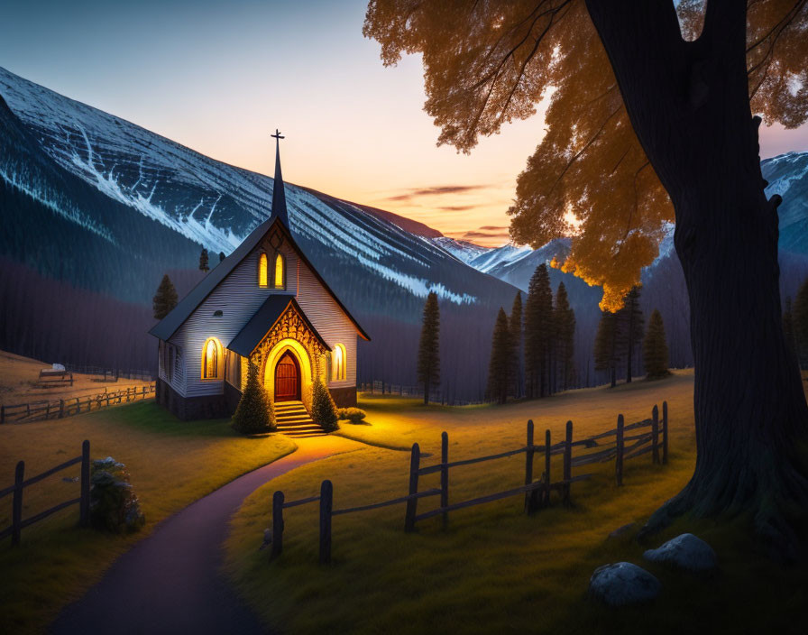 Chapel nestled among trees with illuminated windows and mountain backdrop