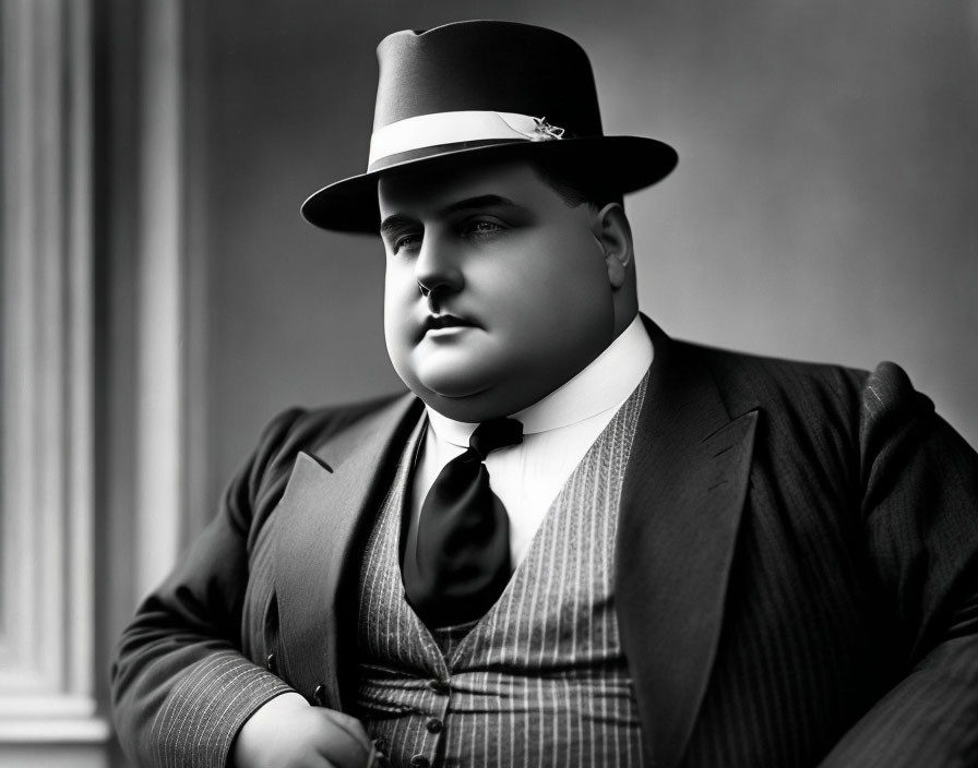 Portly man in suit, tie, bowler hat with band