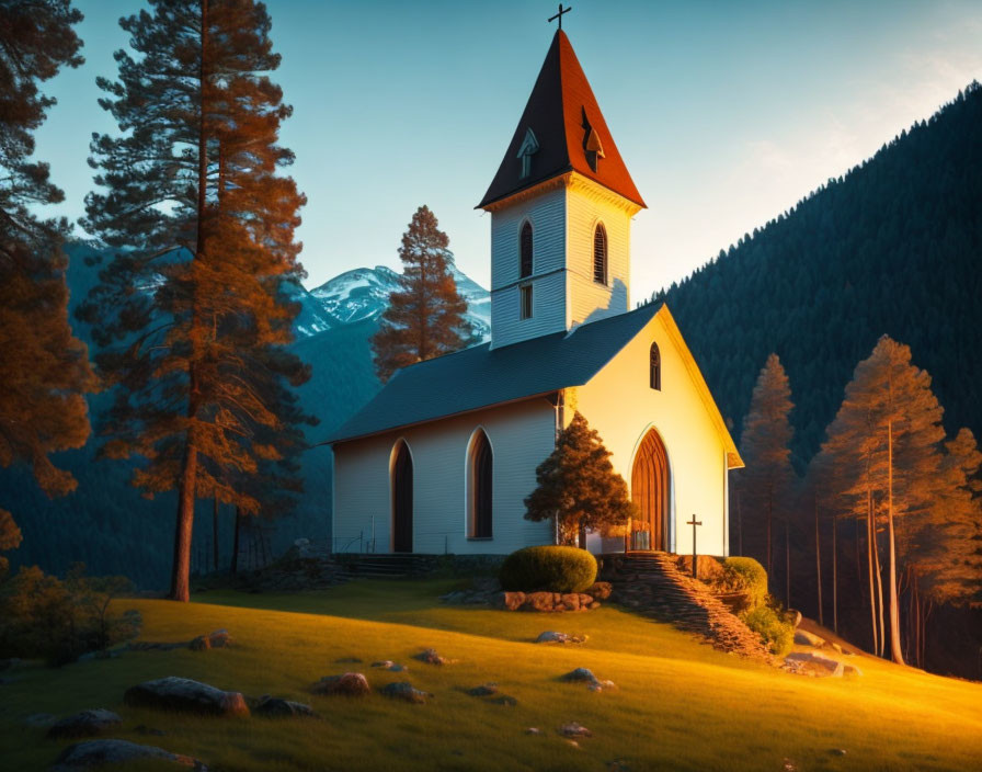 White Church with Red Roof and Steeple in Forest Clearing at Sunset