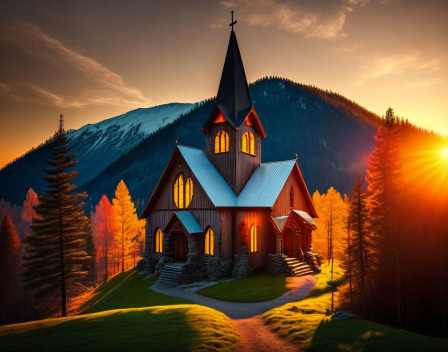 Wooden church with multiple steeples in mountain sunset.