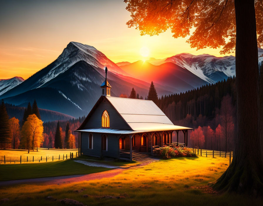 Picturesque valley church with glowing windows and mountain backdrop.