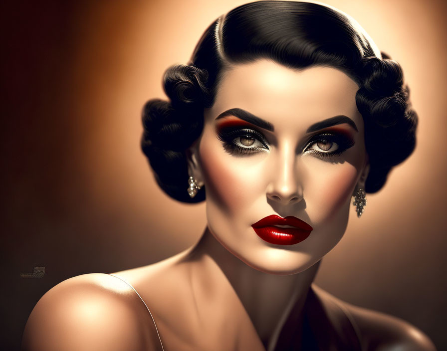 Vintage-inspired woman with bold makeup and glamorous earrings on warm backdrop