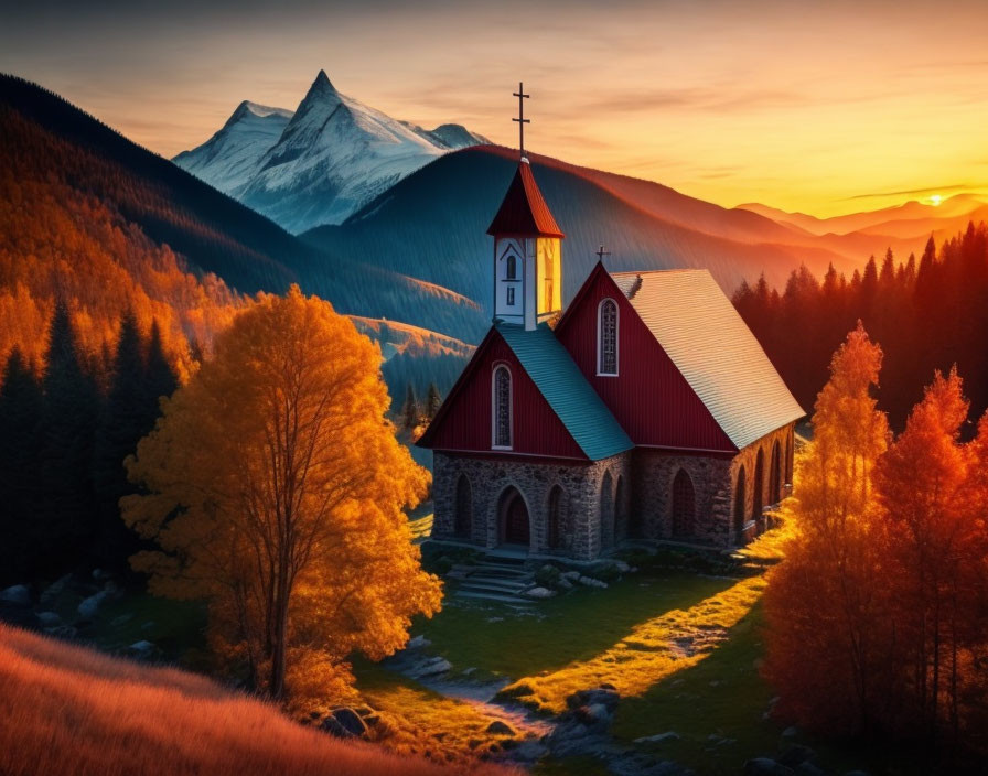 Red-roofed church in mountain sunset with autumn trees